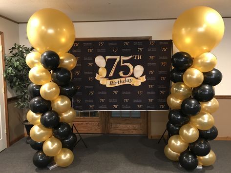 Balloon columns , gold and black, 75th Birthday 75 Party Decorations, Black And Gold 75th Birthday Ideas, 75th Birthday Centerpieces Ideas For Men, 75 Years Old Birthday Ideas Decor, 75th Birthday Backdrop Ideas, 75tg Birthday Ideas, 75 Birthday Theme Party Ideas, 80th Birthday Balloon Arch, 75 Birthday Centerpiece Ideas