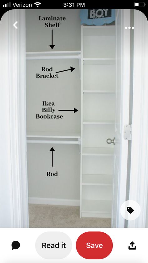 Closet Small Ideas, Single Closet Organization, Deep Wardrobe Storage Ideas, Single Door Closet Organization, Billy Bookcase Closet, Closetmaid Ideas Layout, Small Deep Closet, Very Small Closet Ideas Bedrooms, Small Closet Storage