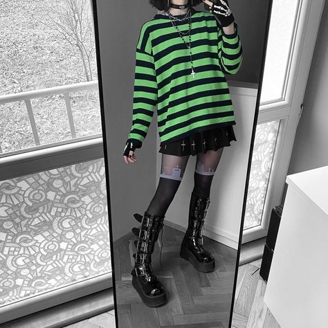 Green Emo Aesthetic Outfit, Neon Green Black Outfit, Green Cybercore Outfit, Dark Kidcore Outfit, Neon Green Aesthetic Clothes, Black And Green Aesthetic Outfit, Neon Grunge Outfits, Purple And Green Aesthetic Outfit, Green Alternative Outfit