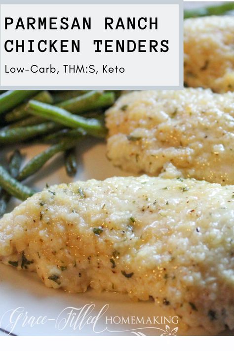 My Parmesan Ranch Chicken Tenders are a family-friendly dinner that's sure to be a new favorite! This juicy, low-carb, Trim Healthy Mama, and keto friendly meal is easy to make. Thm Chicken Tenders, Thm S Dinner, Ranch Powder Chicken, Thm Meals Dinners, Trim Healthy Mama Chicken Recipes, Low Carb Chicken Tenderloin Recipes, Thm Chicken Recipes, Thm Dinner Recipes, Healthy Chicken Tenderloin Recipes