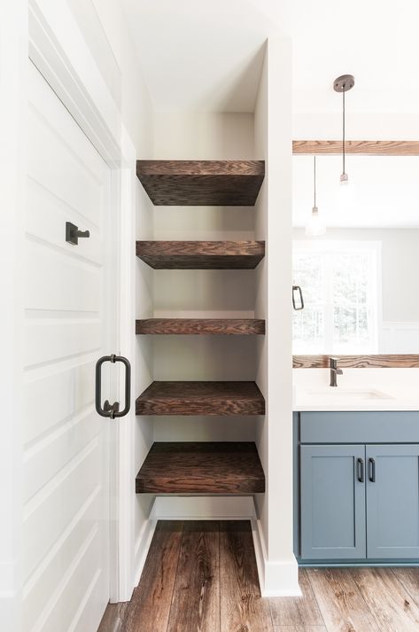 Open Shelving In The Bathroom, Diy Open Shelving Bathroom, Bathroom Open Closet Shelving, Open Bathroom Storage Ideas, Bathroom Closet Floating Shelves, Bathroom Deep Shelves, Open Shelving Master Bath, Open Bathroom Storage Shelves, Open Wooden Shelves Bathroom