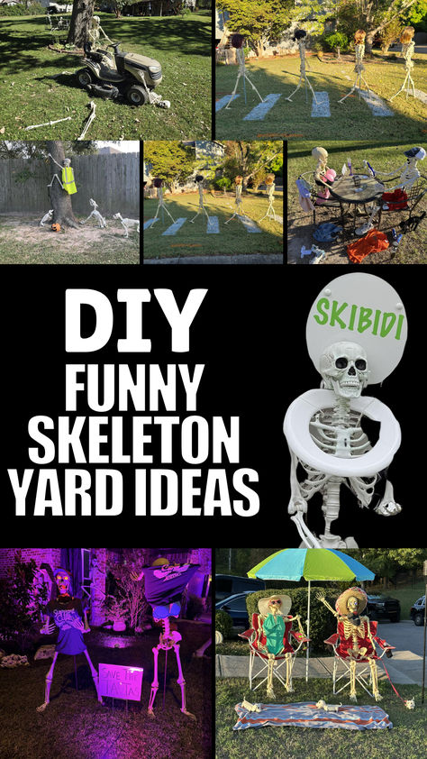 10 Hilarious Skeleton Yard Decorations to Make Your Halloween Unforgettable! Skeleton Posing Ideas, Skeleton Yard Ideas, Skeleton Ideas For Yard, Diy Skeleton Decor, Posing Skeletons, Skeleton Decorations Outdoor, Yard Ideas Diy, Halloween Yard Displays, Love Skeleton