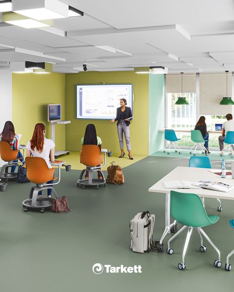 A flexible classroom promote active learning, and need to allow quick reconfiguration for different learning modes: solo, collaborative, remote, etc. The right choice of flooring allows easy furniture movement, and favours sound reduction. Active Learning, Classroom Design, Learning Activities, Childhood Memories, Office Furniture, Work Space, Sound, Flooring, Education