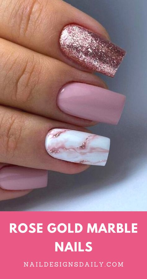 Pink With Marble Nails, Rose Pink Nails Design, Pink And Rose Gold Nails Acrylic, Pink And White Nail Art Designs, Pink And Rose Gold Nail Ideas, Rose Marble Nails, Light Pink Nails Marble, Rose Gold Nail Ideas Acrylic, Light Pink And White Marble Nails