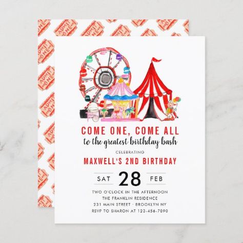 Budget Carnival Circus Show Birthday Invitation for $1.27 - Birthday Invitations Modern Carnival, Circus Festival, Carnival Birthday Invitations, Circus Birthday Party Theme, Theme Carnaval, Come One Come All, Circus Show, Carnival Circus, Circus Theme Party