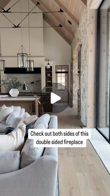 Check out this open double sided fireplace in the great room and library of our #threefallsproject! 🤍🤍🤍  Build @splitrockcustomhomes and @grovehomesutah Arch @stevetiek Two Sided Stone Fireplace, Two Sided Fireplace Living Room, Becki Owens Living Rooms, The Architect Nikki Sloane, Entryway With Fireplace, Fireplace Next To Front Door, Two Story Living Rooms, 4 Sided Fireplace, Double Fireplace Living Room