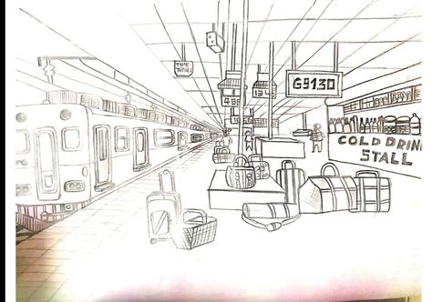 1 Point Perspective Drawing, Train Sketch, Train Scene, 1 Point Perspective, Figure Sketches, Perspective Sketch, Drawing Architecture, Perspective Drawing Architecture, Human Figure Sketches