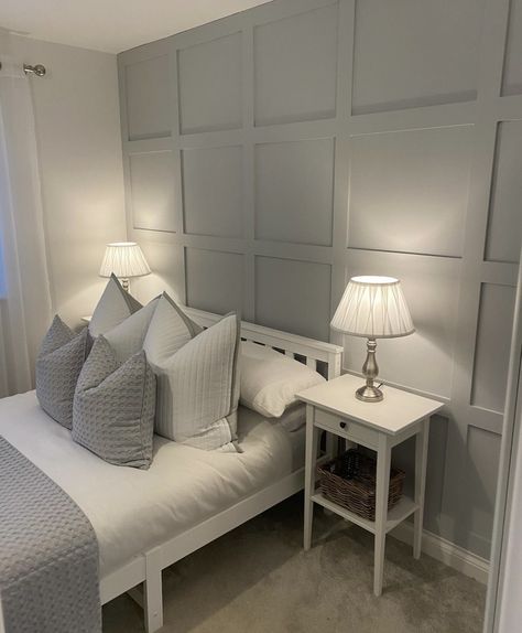 Cream Bedroom With Panelling, Panelling On Bedroom Wall, Behind The Bed Panelling, Bedroom Panel Wall Ideas, Square Panelling Bedroom, Panneling Rooms Bedroom Wood, Cream Wall Panelling Bedroom, Panelled Wallpaper Bedroom, Grey Bedroom Panelling