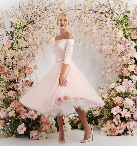 Dramatic blush pink ballgown with bardot collar and detachable tulle skirt Tulle Wedding Dress Ballgown, Pink Weddings, Women Appreciation, Bridal Gallery, Tea Length Wedding, Formal Fashion, Bardot Neckline, Modern Pinup, Outfit Classy