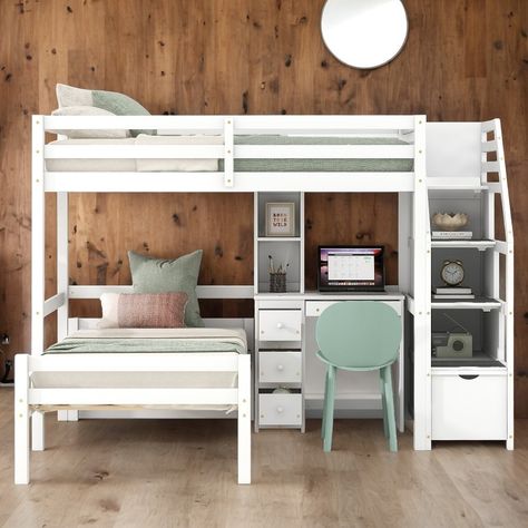 Product Features [Twin over Twin] Coming with twin over twin bunk bed features one twin size loft bed with storage and one twin size platform bed for accommodating your kids or any overnight sleepers. Chic Bunk Beds, 2 Bunk Beds With Desk Underneath, Loft Bed With Twin Bed Underneath, Twin Bunk Bed Ideas For Small Room, Twin Xl Bed Ideas For Small Room, Bunk Beds With Desk Underneath, Teen Bunk Bed Ideas, 2 Beds In One Room Ideas Small Bedrooms, Twin Loft Bed Ideas For Small Rooms