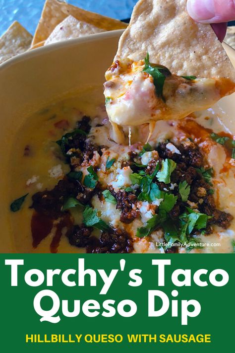 Torchy’s Queso Recipe, Skillet Queso With Cream Cheese, Taco Meat Queso Dip, Hillbilly Queso Recipe, Torchy’s Queso, Meatless Queso Dip, Best Queso Dip With Meat, Torchys Queso Recipe Copycat, Torchy's Hillbilly Queso Recipe