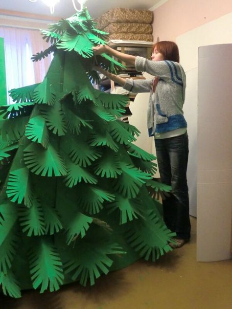 Cardboard Xmas Tree Diy, Cardboard Pine Tree, Card Board Christmas Tree, Big Paper Christmas Tree, Make A Christmas Tree, Paper Mache Christmas Tree, Window Wonderland, Christmas Installation, Tree Costume