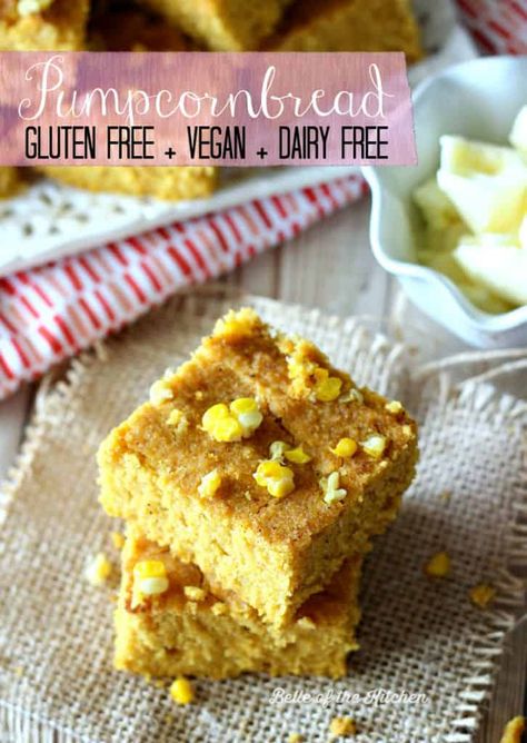 Not only is this Pumpkin Cornbread gluten and dairy free, it's also totally delicious! You'll love it alongside a steamy bowl of chili or soup this fall! #dairyfree #eggfree #peanutfree #pumpkin #appetizers #fall #glutenfree #side dish belleofthekitchen.com Dairy Free Cornbread Recipe, Dairy Free Cornbread, Gluten Free Cornbread Recipe, Pumpkin Cornbread, Vegan Cornbread, Gluten Free Cornbread, Cornbread Easy, Skillet Cornbread, Homemade Cornbread