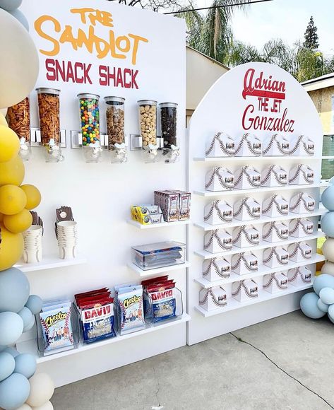 Snack Shack — @gcraftyhands @blowup.l.a • • • #snackshack #snacksonsnacks #sandlot #baseball #backdrops #backdroprental #rentals #balloons… | Instagram Birthday Rental Ideas, Snack Business Ideas, Party Business Ideas, Snack Wall, Baseball Backdrop, Snack Bar Ideas, Candy Bar Ideas, Treat Wall, Baseball Snacks