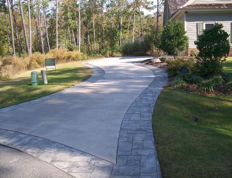 stamped concrete border driveway Stamped Concrete Driveway Ideas Patterns, Concrete Driveways Ideas Cement, Concrete And Paver Driveway, Concrete Driveways With Borders, Driveway To Patio Transition, Drive Way Ideas Concrete, Cement Driveway Ideas, Concrete Driveway Ideas Drive Way, Stamped Concrete Driveway Ideas