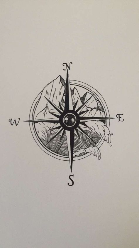 #compass #purpose #tattoo Compass With Waves Tattoo, Mountain And Mandala Tattoo, Compass Nature Tattoo, Compass Doodle, Minimalist Compass Tattoo, Sextant Tattoo, Diana Tattoo, Purpose Tattoo, Kurt Tattoo