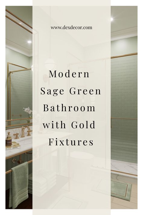 Modern sage green bathroom with gold fixtures, featuring a vanity area and a tiled shower. Green And Gold Powder Room, Sage Green And Gold Bathroom, Gold Accents Bathroom, Bathroom With Gold Fixtures, Green And Gold Bathroom, Sage Green Bathroom, Kitchen Flooring Trends, Kitchen Tile Inspiration, Sage Green And Gold