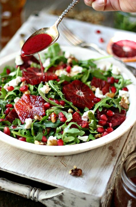 Honey Goat Cheese, Blood Orange Recipes, Pomegranate Dressing, Pomegranate Vinaigrette, Salad With Pomegranate, Arugula Recipes, Pomegranate Recipes, Orange Honey, Pomegranate Salad