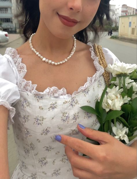 this linen cottagecore dress and a lace shirt with a pearl necklace 🦋🤍✨ Fairycore White Necklace For Gift, White Doll Collar Top In Cottagecore Style, White Cottagecore Top With Doll Collar, Fairy Pearl Necklace, Fairycore Pearl Necklace, Cottagecore Dress, Lace Shirt, Ruffle Blouse, Outfit Inspo