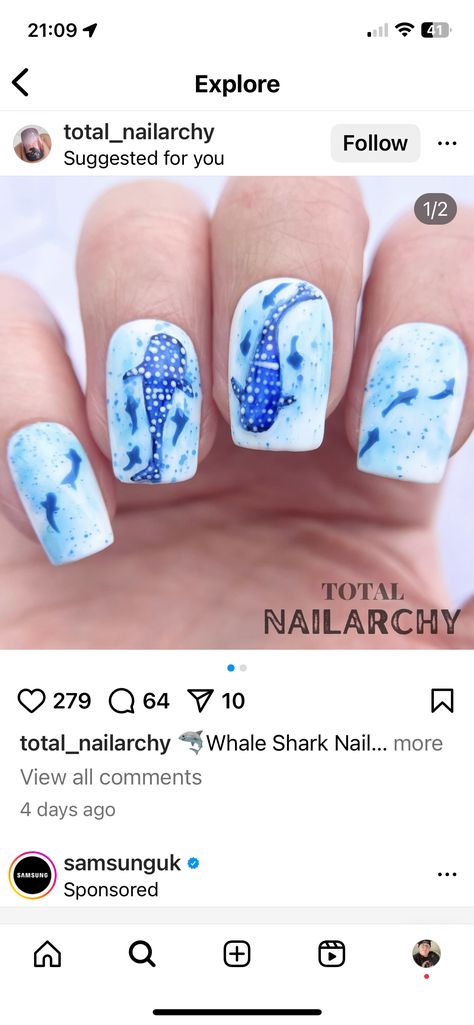 Manatee Nails, Whale Shark Nails, Sea Creature Nails, Shark Nail Designs, Whale Nail Art, Whale Nails, Shark Nail Art, Shark Nails, Animal Nail Designs