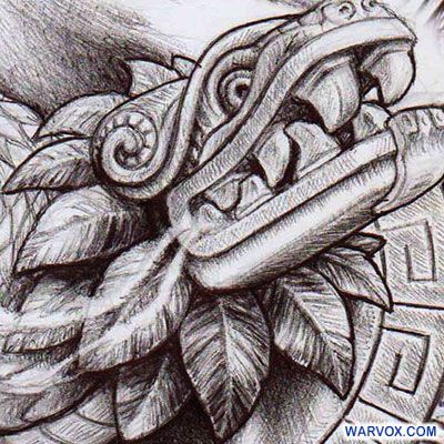 Quetzalcoatl_Feathered_Serpent_deity_Aztec_Maya_tattoo_design_warvox_d028-2 Aztec God Drawing, Mayan Serpent Tattoo, Aztec Shield Tattoo, Aztec Drawing Sketches, Ollin Aztec Tattoo, Quetzalcoatl Drawing, Aztec Serpent Tattoo, Aztec Snake Tattoo, Aztec Quetzalcoatl Art