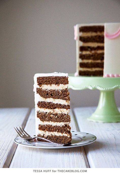 Gingerbread Latte Cake! Gingerbread cake, espresso buttercream and toffee bits, perfect for holiday parties and Christmas dessert | by Tessa Huff for TheCakeBlog.com Espresso Buttercream, Latte Cake, Toffee Crunch, Gingerbread Latte, Toffee Bits, Cake Blog, Mocha Latte, Gingerbread Cake, Decadent Cakes