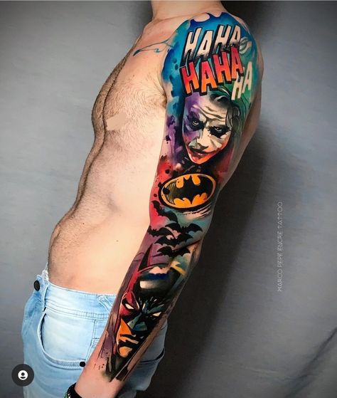 Colored Arm Tattoo For Men, Full Sleeve Colored Tattoo Design, New School Tattoo Designs For Men, Colored Tattoo For Men, Tattoo Comic Style, Men Color Tattoo, Colour Tattoo Men, Full Color Tattoo Design, Colorful Tattoos For Men