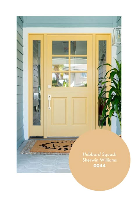 The 10 Best Front Door Paint Colors - The Shop By Jasmine Roth Yellow Double Front Door, Statement Front Door Entrance, Bright Color Front Door, Front Door Colors With Light Brick, Painting Front Doors Ideas, Beach House Front Door Colors, Front Door On Side Of House, Tan House Door Color Ideas, Pale Yellow Front Door