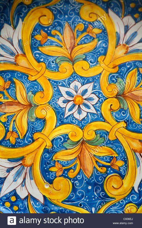 Download this stock image: Sicily, Italy, Western Europe; Detail of tyical Sicilian decorated majolica ceramic - Erice - C936EJ from Alamy's library of millions of high resolution stock photos, illustrations and vectors. Sicily Art, Sicilian Pottery, Sicilian Ceramics, Sicilian Art, Sicilian Decor, Italy Pattern, Italian Plates, Italian Pattern, Italian Majolica