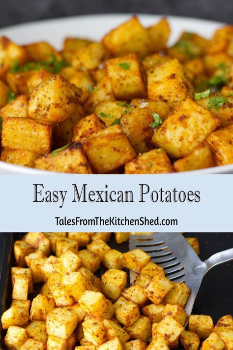 Garlic and spice coated cubes of potato, perfectly roasted til crispy and golden. Easy Mexican Roasted Potatoes are a delicious side dish for burritos, chilli and BBQs. My take on Mexican style potatoes, these crispy coated beauties are so quick and easy to prepare. Plus, they’re ready to serve after only thirty minutes in the oven. Crockpot Mexican Potatoes, Potatoes Mexican Style, Easy Mexican Potatoes, Mexican Red Potatoes, Southwest Roasted Potatoes, Roasted Mexican Potatoes, Crispy Mexican Potatoes, Mexican Potato Side Dishes, Mexican Dish With Potatoes