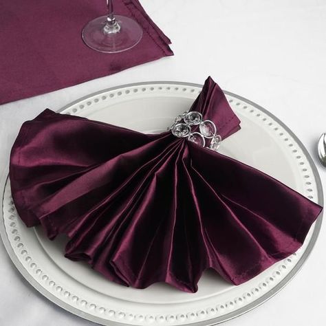 $2.99 | Add a touch of class and elite grace into your tabletops with our silky smooth satin napkins. The impeccable sheen and velvety luster of premium quality satin will exude oodles of sparkle and sophistication to your tablescape. Fold them modishly in different shapes complementing your tableware, or simply display in classic rectangular fold to give a VIP feel to your treasured guests. Our upscale quality Satin napkins are perfect to use in weddings, banquets, bars, hotels and restaurants. Restaurants For Birthdays, Wedding Dinner Napkins, Eggplant Purple, Purple Satin, Cloth Dinner Napkins, Satin Color, Wedding Table Settings, Wedding Napkins, Party Tableware