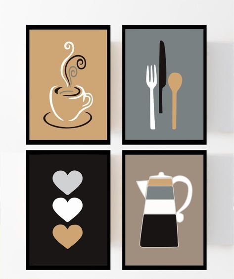 Painting For Living Room Walls, Kitchen Painting Ideas Canvas Diy Art, 3 Piece Canvas Art Diy Easy, Coffee Canvas Painting, Kitchen Painting Art, Kitchen Canvas, Color Drawing Art, Art Painting Tools, Coffee Wall Art