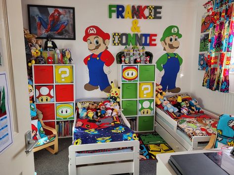 Mario And Luigi Room Decor, Super Mario Brothers Bedroom Ideas, Super Mario Bedroom Decor, Super Mario Bedroom Ideas Themed Rooms, Mario Bro Bedroom Themed Rooms, Mario And Luigi Bedroom Ideas, Super Mario Kids Room, Super Mario Room Ideas, Super Mario Bros Bedroom Ideas