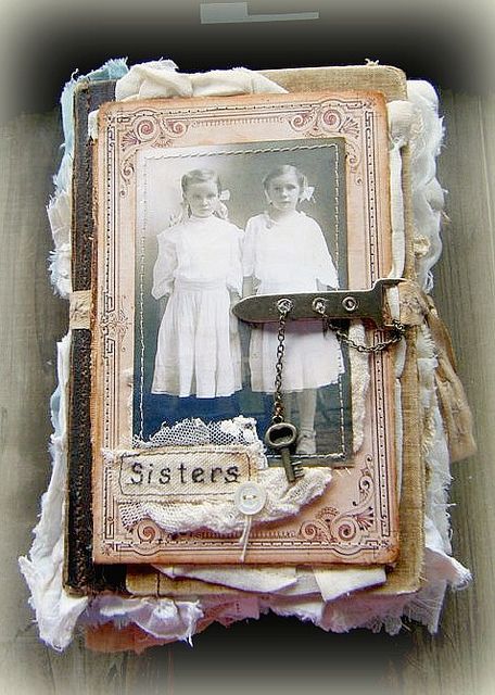 Amazing scrappy book! When you go on the link there are more great art pics & pics of the pages. LOVE this! Altered Book Journal, Altered Book Art, Mixed Media Journal, Fabric Journals, Handmade Book, Vintage Inspiration, Creative Journal, Photo Scrapbook, Handmade Journals