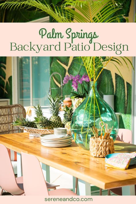 A Palm Springs Inspired Backyard Pool and Patio Design Retro Pool Decor, Palm Springs Patio Ideas, Palm Springs Outdoor Patio, Palm Springs Pool Aesthetic, Palm Springs Patio Outdoor Spaces, Palm Springs Backyard Ideas, Vintage Palm Springs Party, Palm Springs Pool Style, Palm Springs Decor Interiors