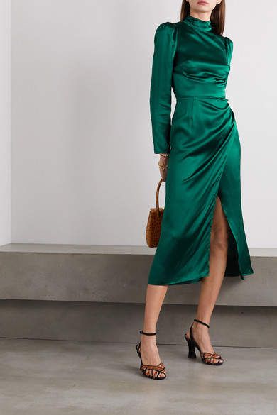 Satin Slip Dress Outfit, Reformation Clothing, Slip Dress Outfit, Silk Slip Dress, Satin Midi Dress, Green Satin, Maxi Dress With Sleeves, Elegant Outfit, Outfits Casuales