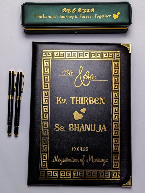 Versace themed certificate holder for civil marriage ceremony. Civil Marriage, Month Design, Certificate Holder, Engraved Metal, Marriage Certificate, Metal Pen, Marriage Ceremony, Metal Engraving, Bride Groom