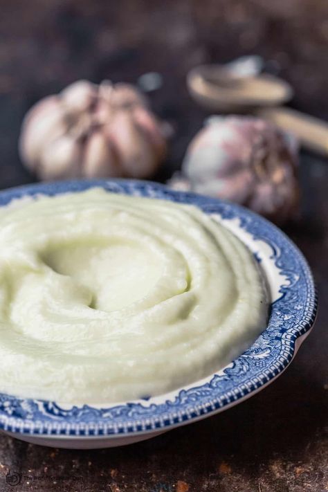 Mediterranean Garlic Sauce, Lebanese Garlic Sauce, Garlic Sauce Recipe, The Mediterranean Dish, Mediterranean Spices, Creamy Garlic Sauce, Grape Salad, Small Food Processor, Lebanese Recipes