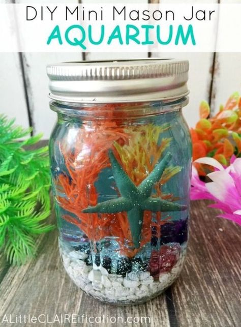 Capture the underwater world in a Mason Jar with this Aquarium caft! You can add your own beach finds to this jar too and create a dreamy ocean scene to enjoy. Featured on Completely Coastal with link to tutorial. Mason Jar Aquarium, Jar Aquarium, Aquarium Diy, The Rainbow Fish, Mini Mason Jar, Ocean Theme Party, Mini Mason Jars, Diy And Crafts Sewing, Diy Spring