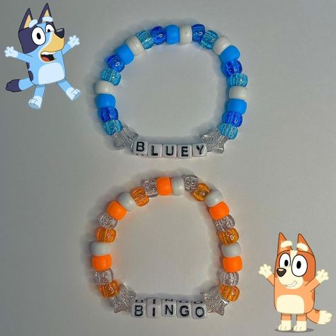 Bluey and Bingo Kandi Single Set

- handmade by me!... - Depop Kandi Singles Ideas, Preppy Beads, Kandi Singles, Bluey And Bingo, Kandi Ideas, Bracelets Ideas, Kandi Bracelets, Silly Things, Scene Kids