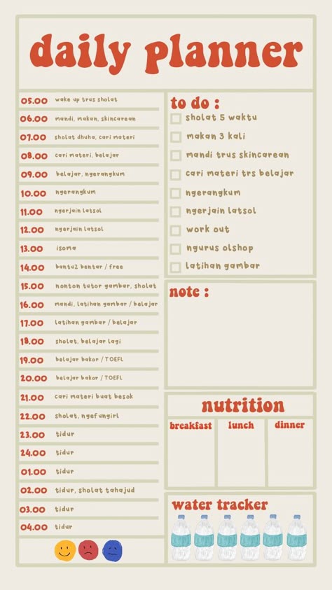 daily plan indo Daily Plans Ideas, Planning Daily Routine, How To Plan Study, Study Planning Ideas, Jadwal Harian Produktif, Contoh Jurnal Harian, Jadwal Rutinitas Harian, Daily Study Planner Template, Daily Planning Ideas