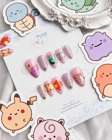 Ditto Nails Pokemon, Japanese Inspired Nail Art, Cute Pokemon Nails, Ditto Nails, Pokemon Nails Designs, Pokemon Nail Art, Pokemon Nails, Pale Nails, Disney Painting