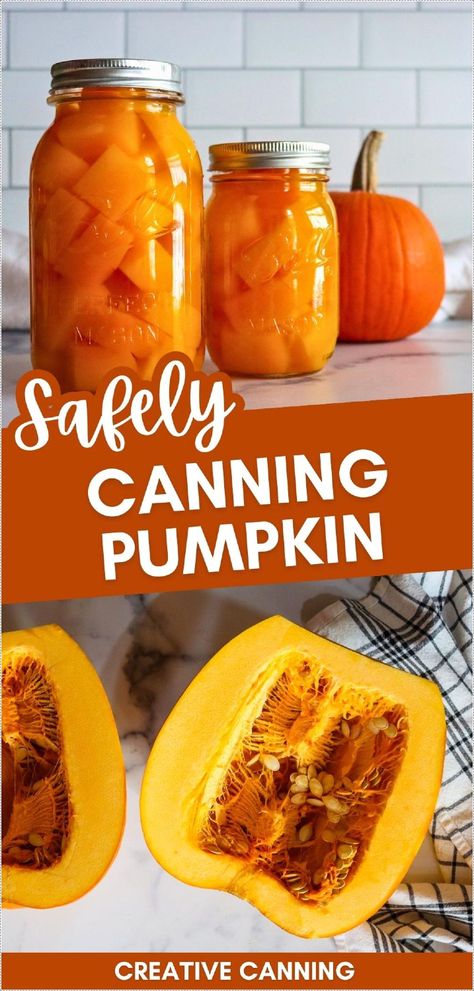 Learn everything about safely canning pumpkin cubes with this pressure canning guide, following the approved method by the National Center for Food Preservation. Preserve your pumpkins without taking up freezer space and enjoy them in pies, soups, and more! Find more winter squash recipes, pumpkin recipes, preserving pumpkins, and Canning Pumpkin Puree at creativecanning.com. Canning Pumpkin Puree, Pumpkin Canning, Canning Pumpkin, Canning Squash, Canning Meals, Canning Guide, Canning Soup Recipes, Preserving Pumpkins, Winter Squash Recipes