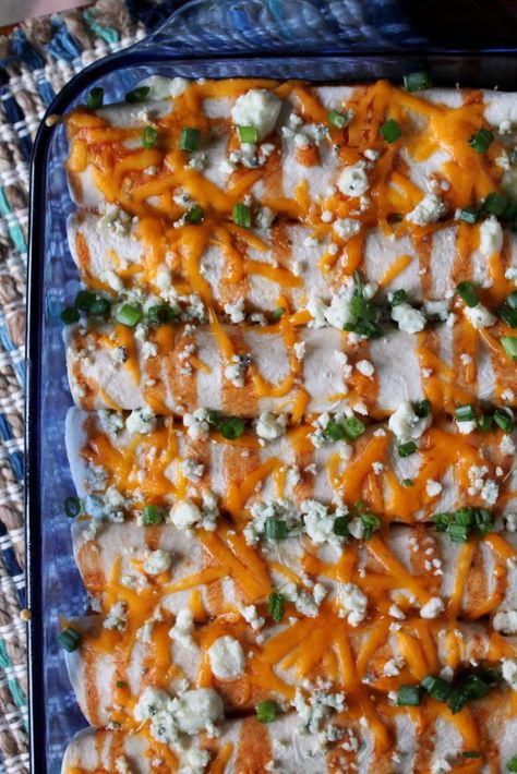 Buffalo Chicken Enchiladas 4 Buffalo Chicken Enchiladas, Cream Cheese Enchiladas, Buffalo Sauce, Buffalo Wings, Enchilada Sauce, Chicken Enchiladas, Buffalo Chicken, Ranch Dressing, Blue Cheese