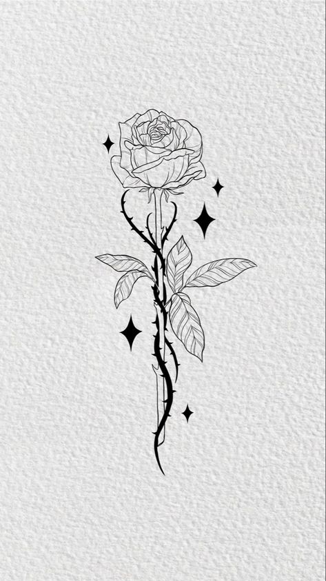 Single rose fine line floral tattoo art design Briar Rose Tattoo Flowers, Thorny Rose Drawing, Rose Line Work Tattoo Design, Rose Linework Tattoo, Aesthetic Rose Drawing, Line Work Rose Tattoo, Thorny Rose Tattoo, Linework Rose Tattoo, Honeysuckle And Rose Tattoo