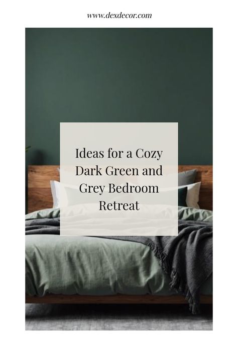 Cozy bedroom with dark green and grey decor featuring a wooden bed and layered bedding. Green And Grey Bedroom Decor, Dark Green And Grey Bedroom, Accent Walls Modern, Green Primary Bedroom, Grey Bedroom Decor Ideas, Green And Grey Bedroom, Dark Green And Grey, Kitchen Flooring Trends, Kitchen Tile Inspiration