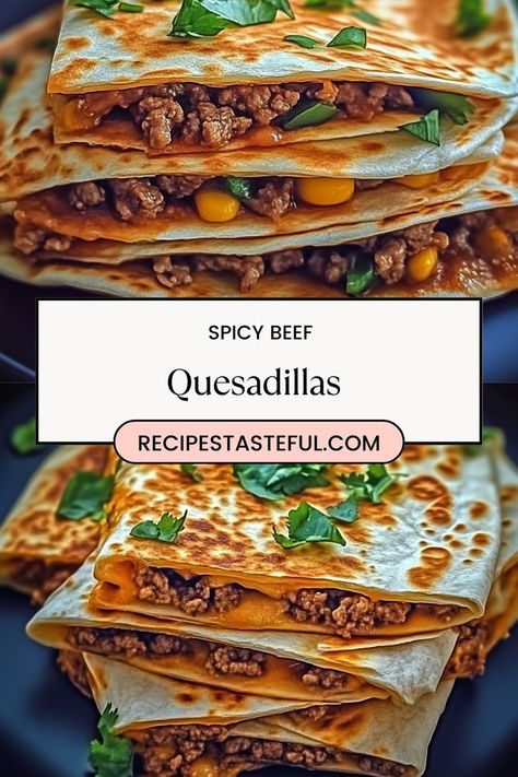 Deliciously cheesy and packed with flavor, these Spicy Beef Quesadillas are perfect for a quick weeknight dinner or a satisfying snack. Easy to make and customizable to your spice preference! Beef Quesadilla Recipes, Cheesy Quesadilla, Quesadilla Recipes Easy, Beef Quesadillas, Snack Easy, Guacamole Salsa, Dipping Sauces, Quesadilla Recipes, Spicy Beef