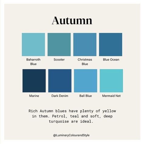 Blue For Soft Autumn, Autumn Blue Color Palettes, Deep Autumn Blue Palette, Deep Autumn Blue, Blue Autumn Color Palette, Blue Autumn Aesthetic, Deep Autumn Makeup, Hoc Autumn, Deep Autumn Palette