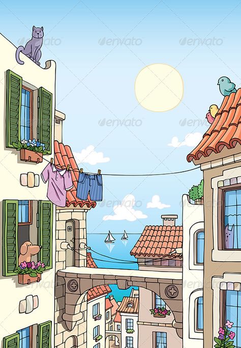 Old City Near the Sea  #GraphicRiver         Old Mediterranean city buildings with tile roofs and the sea view at the distance.  	 Includes: the Illustrator 8.0 editable vector EPS file and the Hi-res JPG .  	 Please rate it if you like it!     Created: 1October12 GraphicsFilesIncluded: JPGImage #VectorEPS Layered: No MinimumAdobeCSVersion: CS Tags: ancient #architecture #bay #buildings #cartoon #cat #city #dog #europe #exterior #facade #flowers #house #illustration #mediterranean #narrow #old # Mediterranean City, Cartoon Town, Town Drawing, Cartoon Building, House Cartoon, Cartoon House, Building Illustration, City Cartoon, City Drawing