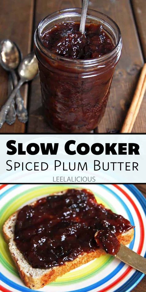 Spiced Plum Butter Recipe - Slow Cooker » LeelaLicious Crock Pot Plum Butter, Crockpot Plum Butter, Plum Jam In Crockpot, Slow Cooker Plum Butter, Plum Butter Recipe Crockpot, Recipes With Dried Pitted Plums, Plum Butter Crockpot, Crockpot Plum Jam, Japanese Plum Recipes